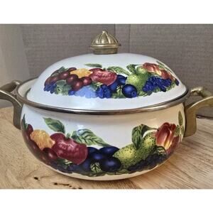 Vintage Lincoware Enamel 2qt Pot & Lid, Fruit Pattern, Gold Trim, Brass Handles